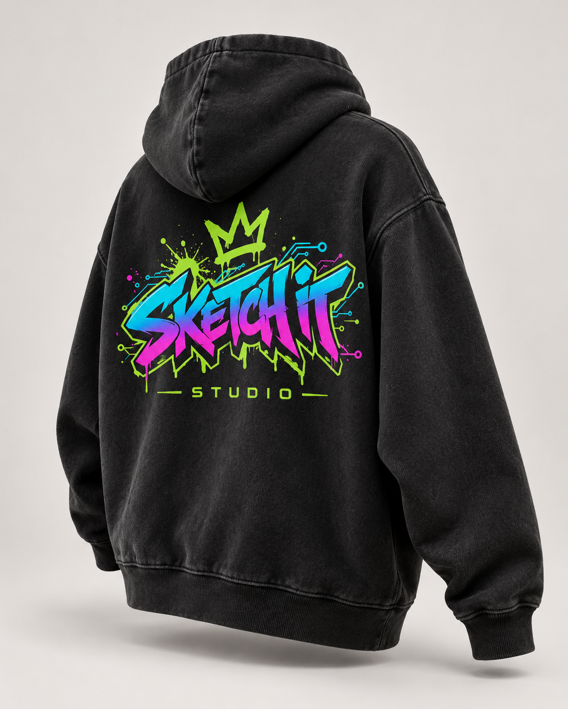 Concept visualization of a charcoal Sketch It hoodie with neon artwork